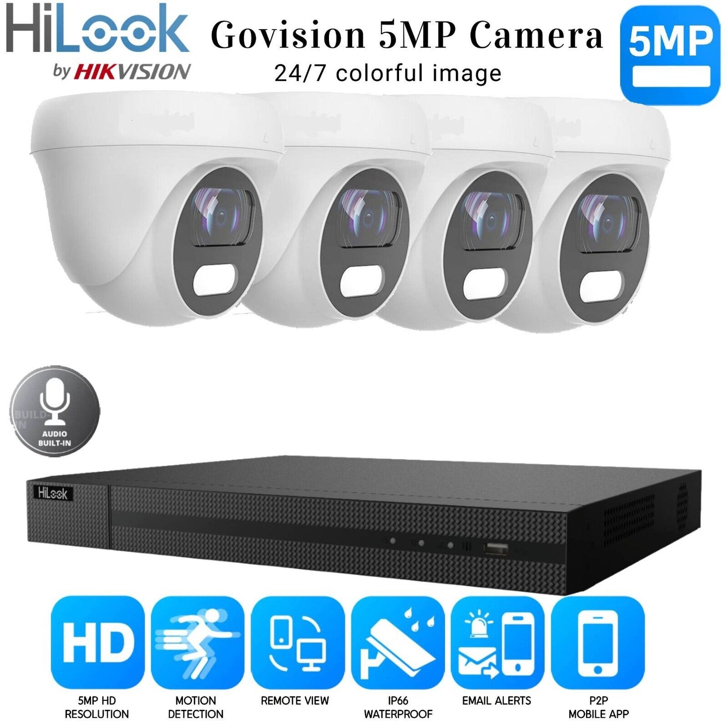 HIKVISION COLORVU CCTV SYSTEM HD 5MP 24/7 COLORVu CAMERA KIT UK 4CH DVR 4x Cameras (white) 2TB HDD