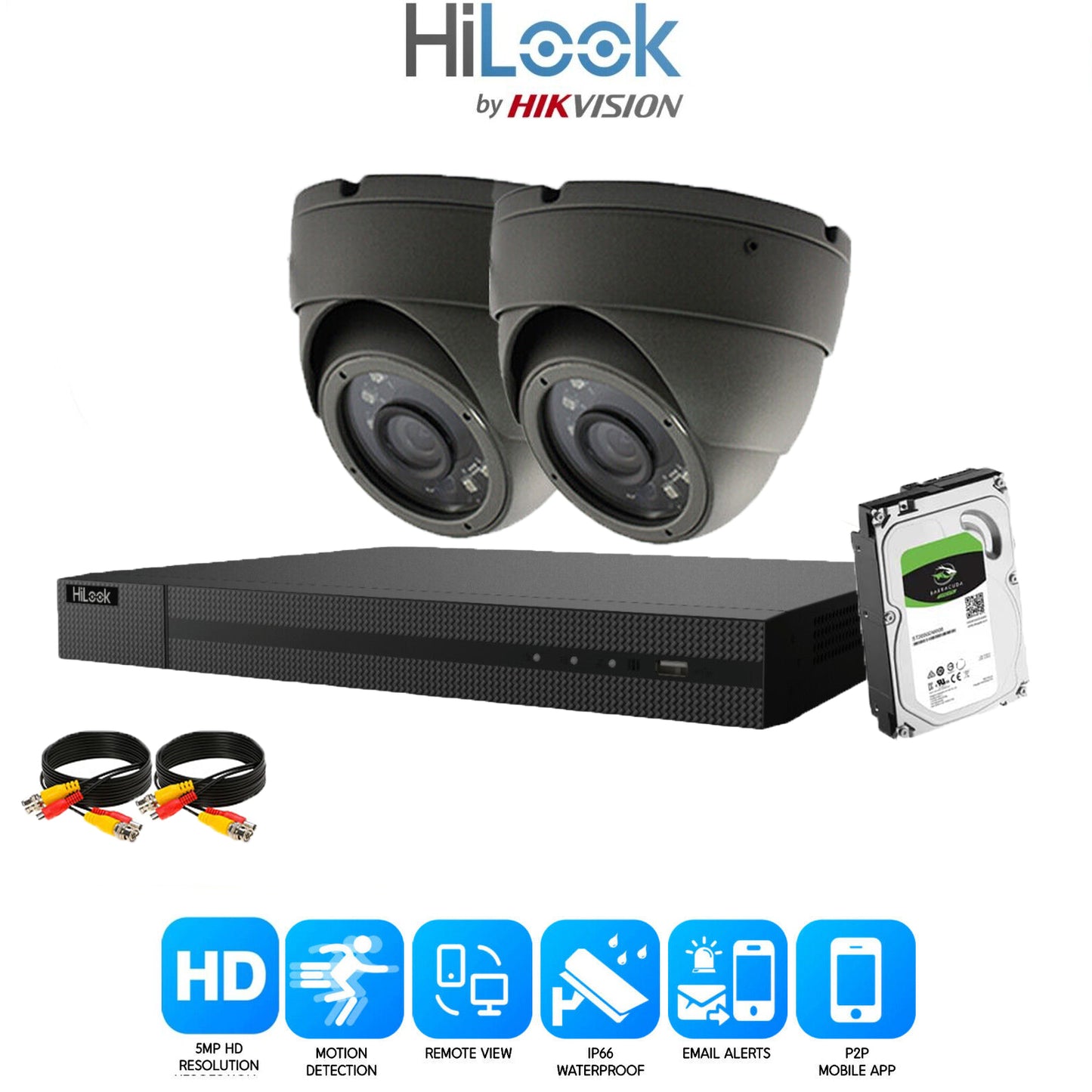 HIKVISION HILOOK 5MP CCTV SYSTEM 4CH DVR FULL HD 20M NIGHT VISION DOME CAMERAS 2x Cameras (Grey) 2TB HDD