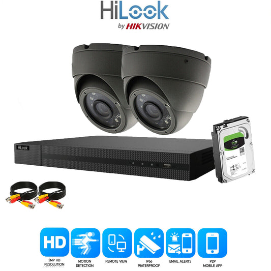 HIKVISION HILOOK 5MP CCTV SYSTEM 4CH DVR FULL HD 20M NIGHT VISION DOME CAMERAS 2x Cameras (Grey) 2TB HDD