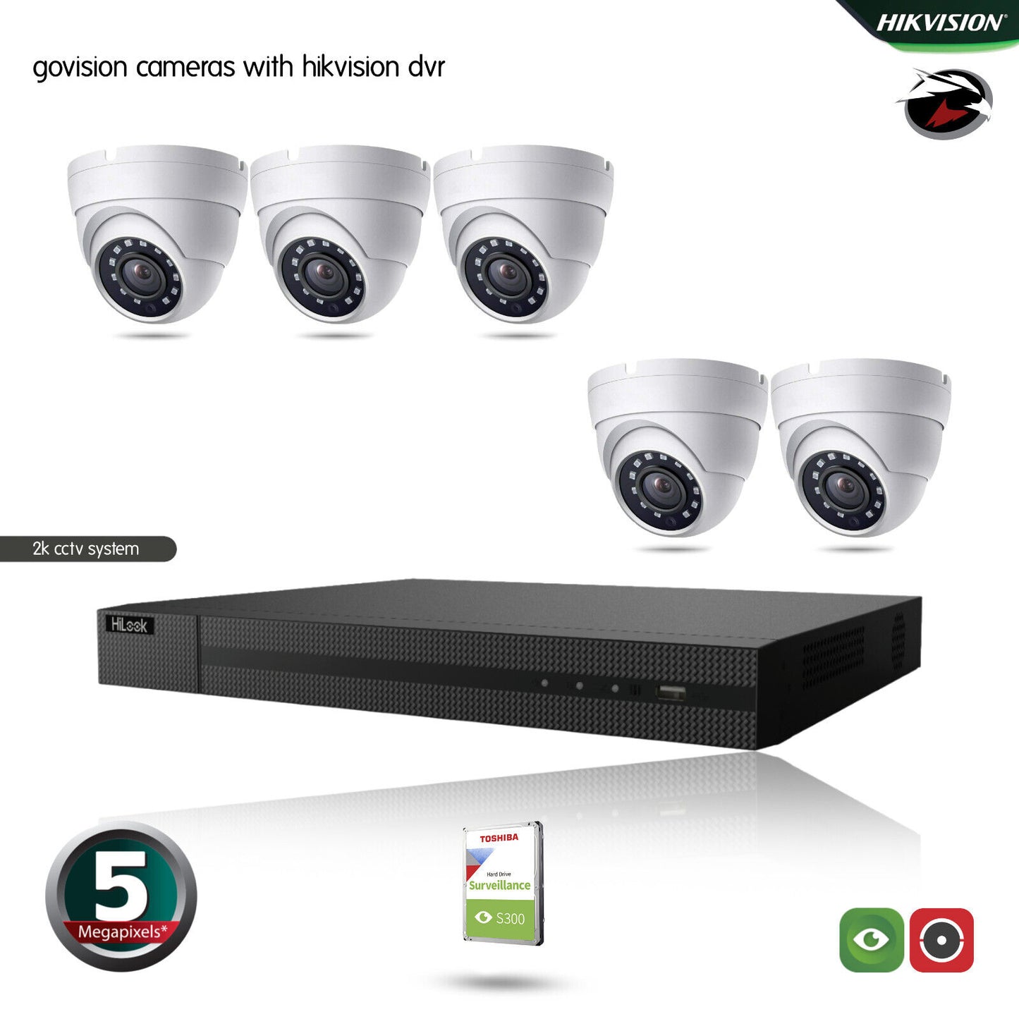 HIKVISION 5MP CCTV FULL HD NIGHT VISION OUTDOOR DVR HOME SECURITY SYSTEM KIT UK 8CH DVR 5xCameras (white) 1TB HDD