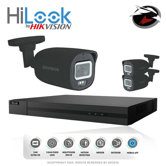 HIKVISION HILOOK 5MP CCTV SYSTEM DVR UHD 24/7 HOURS COLORFUL NIGHTVISION CAMERA 4CH DVR 3xCameras (gray) 3TB HDD