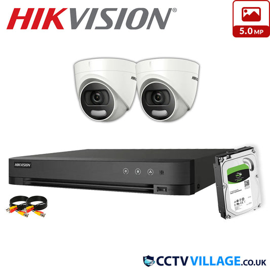 Hikvision 2x Camera System 4 Channel 1080p 1U H.265 AcuSense DVR with 10TB HDD 5MP ColorVu Fixed Turret Camera DS-2CE72HFT-F(3.6mm)