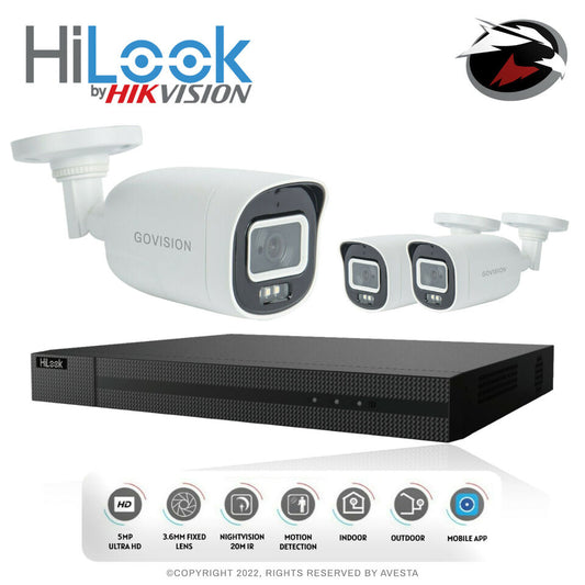 HIKVISION HILOOK 5MP CCTV SYSTEM DVR FULL HD 24/7 HOURS COLORFUL CAMERA KIT UK 4CH DVR 3x Cameras (white) 3TB HDD