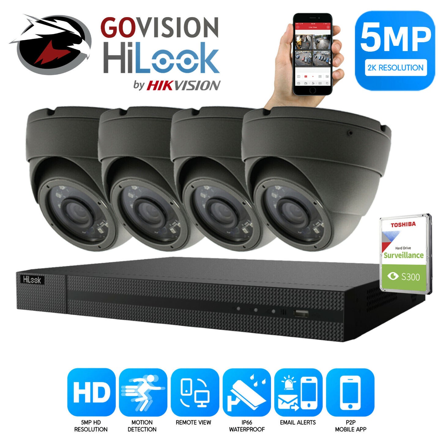 HIKVISION CCTV 1080P HD 5MP IR NIGHT VISION OUTDOOR DVR HOME SECURITY SYSTEM KIT 4CH DVR 4x Cameras (grey) 3TB HDD