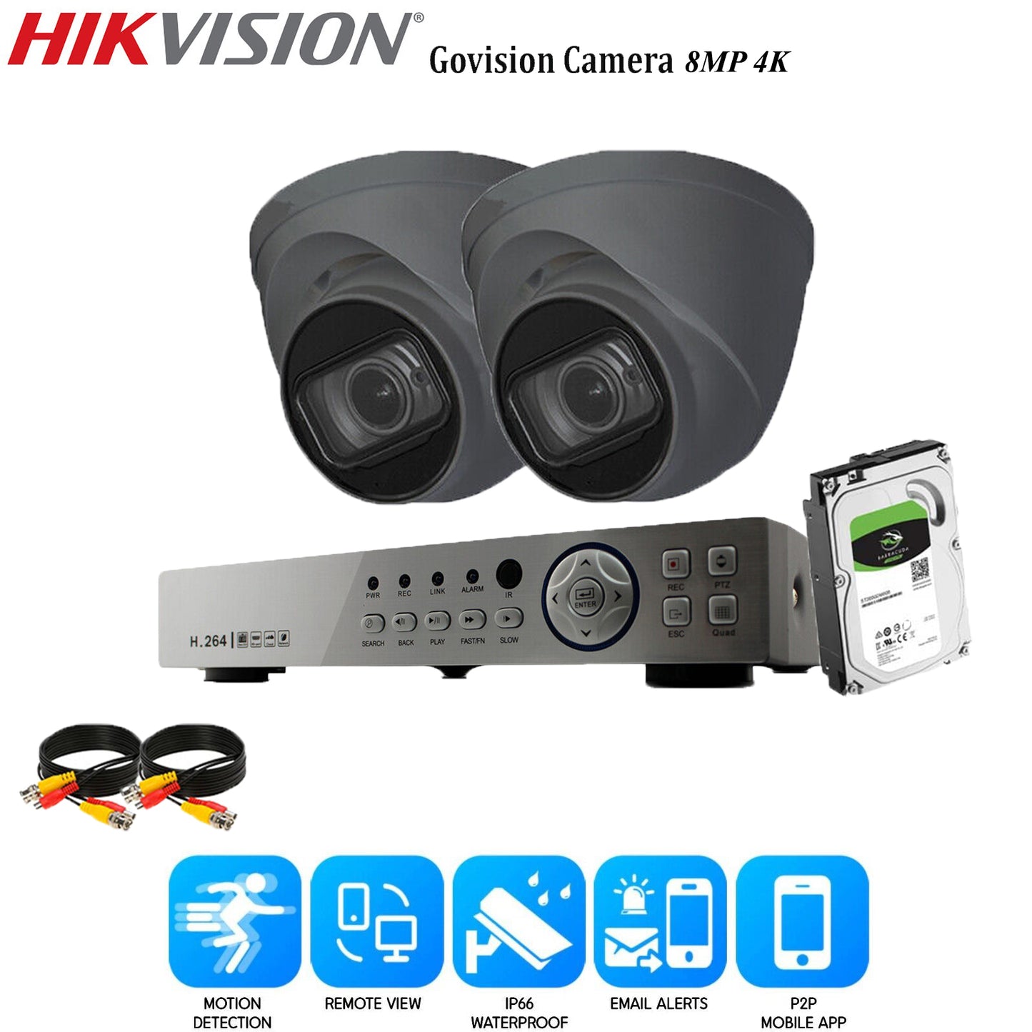 8MP CCTV 4K KIT DVR SYSTEM OUTDOOR ULTRA HD HOME CAMERA SECURITY KIT NIGHTVISION 4CH DVR 2xCameras (gray) 1TB HDD