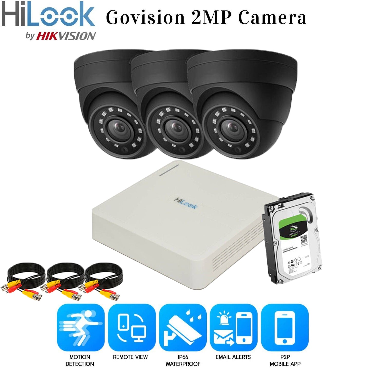 HIKVISION CCTV SYSTEM FULL HD DVR HD OUTDOOR CAMERA HOME SECURITY KIT 4CH DVR 3xCameras (gray) 2TB HDD