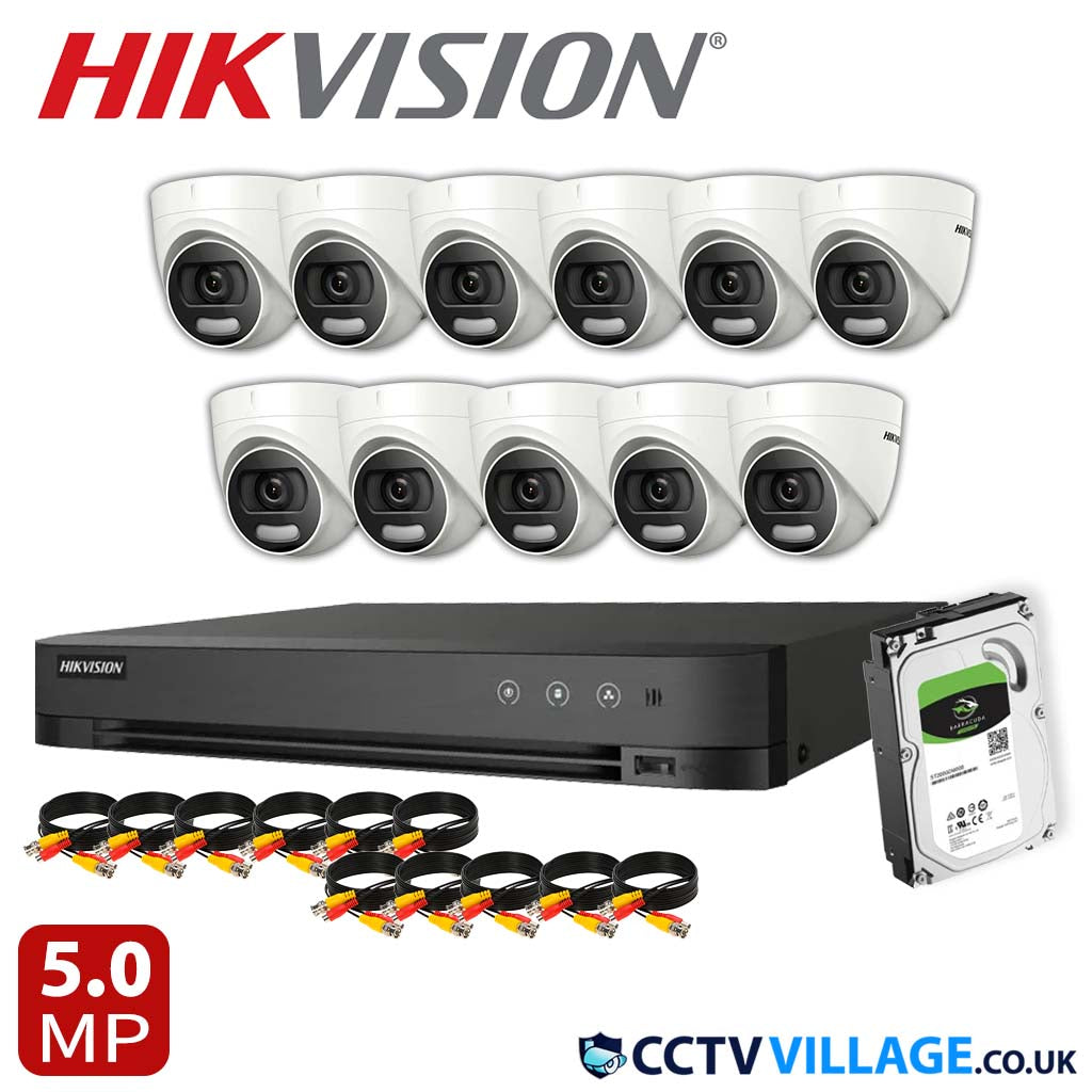 Hikvision 11x Camera System 16 Channel 1080p 1U H.265 AcuSense DVR with 1TB HDD 5MP ColorVu Fixed Turret Camera DS-2CE72HFT-F(3.6mm)