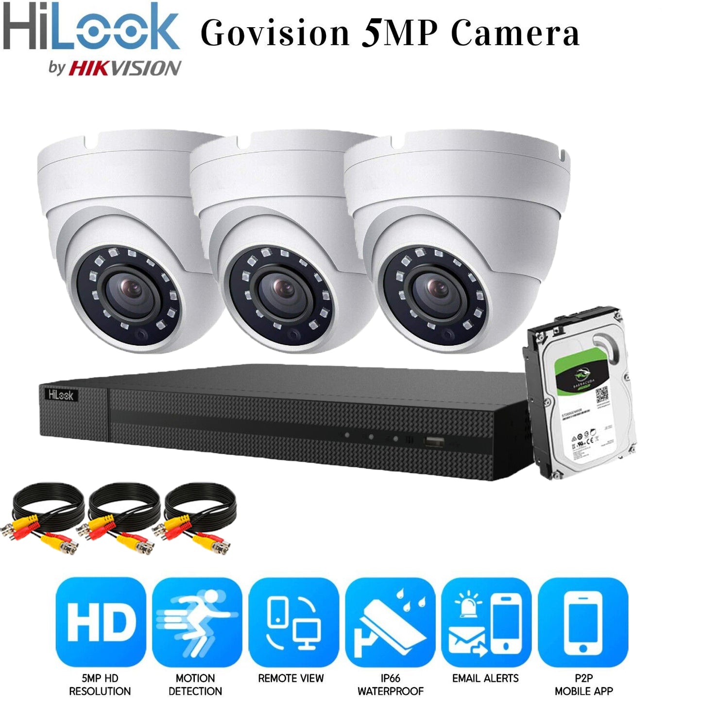 HIKVISION 5MP CCTV FULL HD NIGHT VISION OUTDOOR DVR HOME SECURITY SYSTEM KIT UK 4CH DVR 3xCameras (white) 1TB HDD