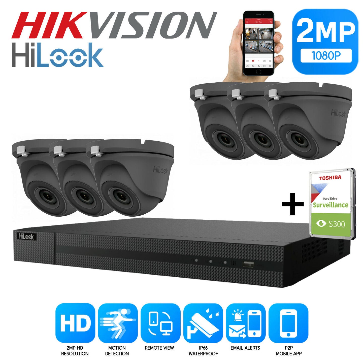 HIKVISION HILOOK CCTV SYSTEM KIT 8CH DVR 2MP TURRET CAMERA DAY/NIGHT UK 8CH DVR 6xCameras (gray) 1TB HDD