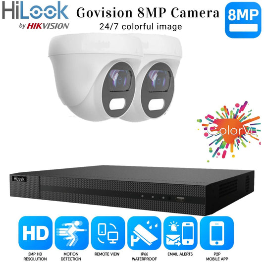 HIKVISION 8MP COLORVU CCTV SYSTEM UHD 8MP DVR 4K 24/7 COLORVu OUTDOOR CAMERA KIT 4CH DVR 2xCameras (white) 4TB HDD