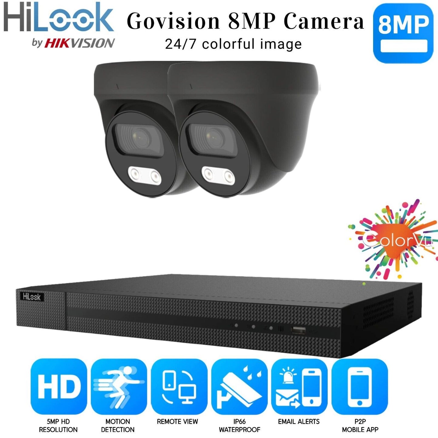 HIKVISION 8MP COLORVU CCTV SYSTEM UHD 8MP DVR 4K 24/7 COLORVu OUTDOOR CAMERA KIT 4CH DVR 2xCameras (gray) 4TB HDD