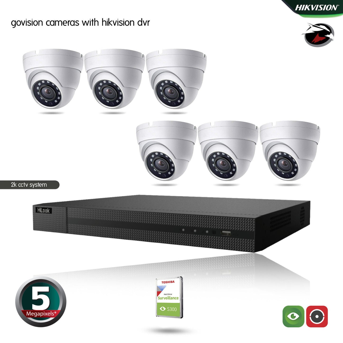 HIKVISION 5MP CCTV FULL HD NIGHT VISION OUTDOOR DVR HOME SECURITY SYSTEM KIT UK 8CH DVR 6xCameras (white) 1TB HDD