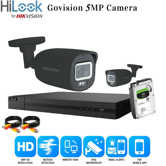 HIKVISION HILOOK 5MP CCTV SYSTEM DVR FULL HD 24/7 HOURS COLORFUL CAMERA KIT UK 4CH DVR 2x Cameras (gray) 1TB HDD