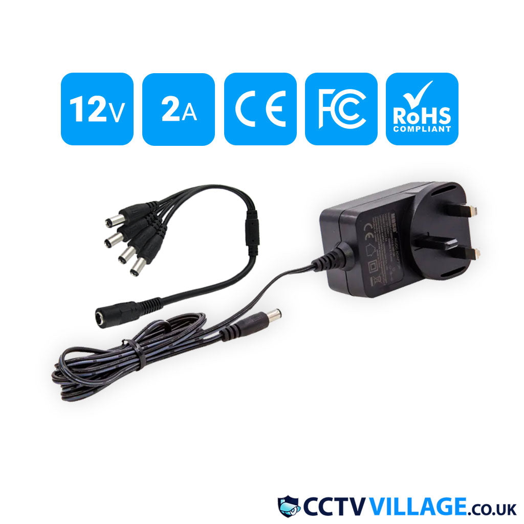 CCTV Camera Adapter 12V 2A Power Supply + 4 Way Power Splitter Cable