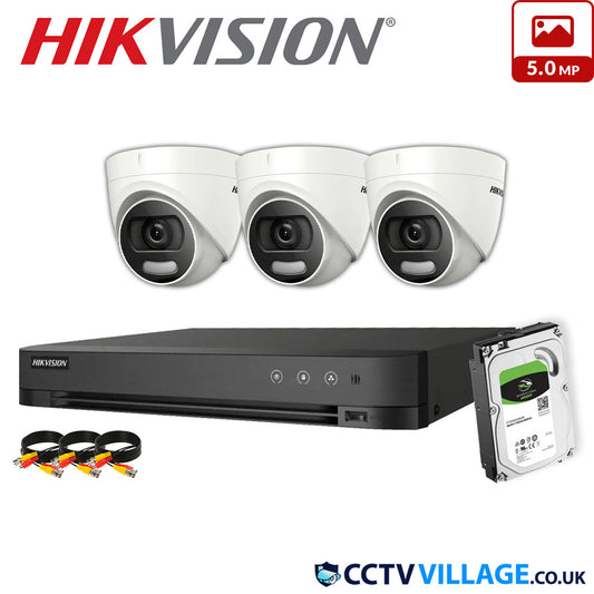 Hikvision 3x Camera Kit 4 Channel 1080p 1U H.265 AcuSense DVR with 3TB HDD 5MP ColorVu Fixed Turret Camera DS-2CE72HFT-F(3.6mm)