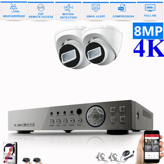 8MP CCTV 4K KIT DVR SYSTEM OUTDOOR ULTRA HD HOME CAMERA SECURITY KIT NIGHTVISION 4CH DVR 2xCameras (white) 4TB HDD