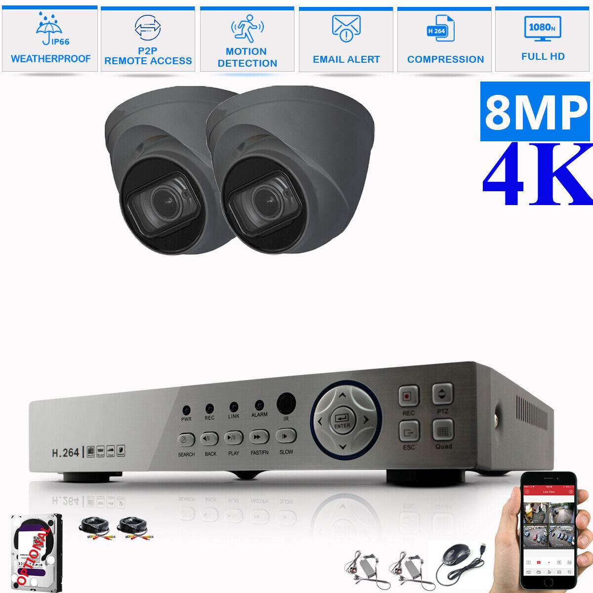 8MP CCTV 4K KIT DVR SYSTEM OUTDOOR ULTRA HD HOME CAMERA SECURITY KIT NIGHTVISION 4CH DVR 2xCameras (gray) 4TB HDD