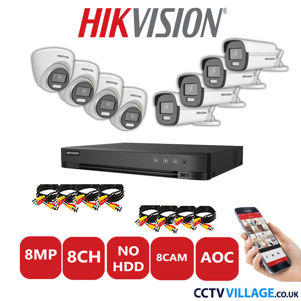 Hikvision 8MP Mix CCTV System 8 Channel DVR-iDS-7208HUHI-M1/S with 4x Turret Cameras DS.2CE72UF3T-E White & 4x Bullet Cameras DS.2CE12UF3T-E White No HDD Full Kit