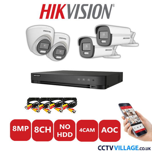 Hikvision 8MP Mix CCTV System 8 Channel DVR-iDS-7208HUHI-M1/S with 2x Turret Cameras DS.2CE72UF3T-E White & 2x Bullet Cameras DS.2CE12UF3T-E White No HDD Full Kit