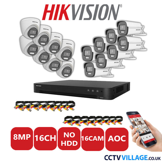 Hikvision 8MP Mix CCTV System 16 Channel DVR-iDS-7216HUHI-M2/S with 8x Turret Cameras DS.2CE72UF3T-E White & 8x Bullet Cameras DS.2CE12UF3T-E White No HDD Full Kit