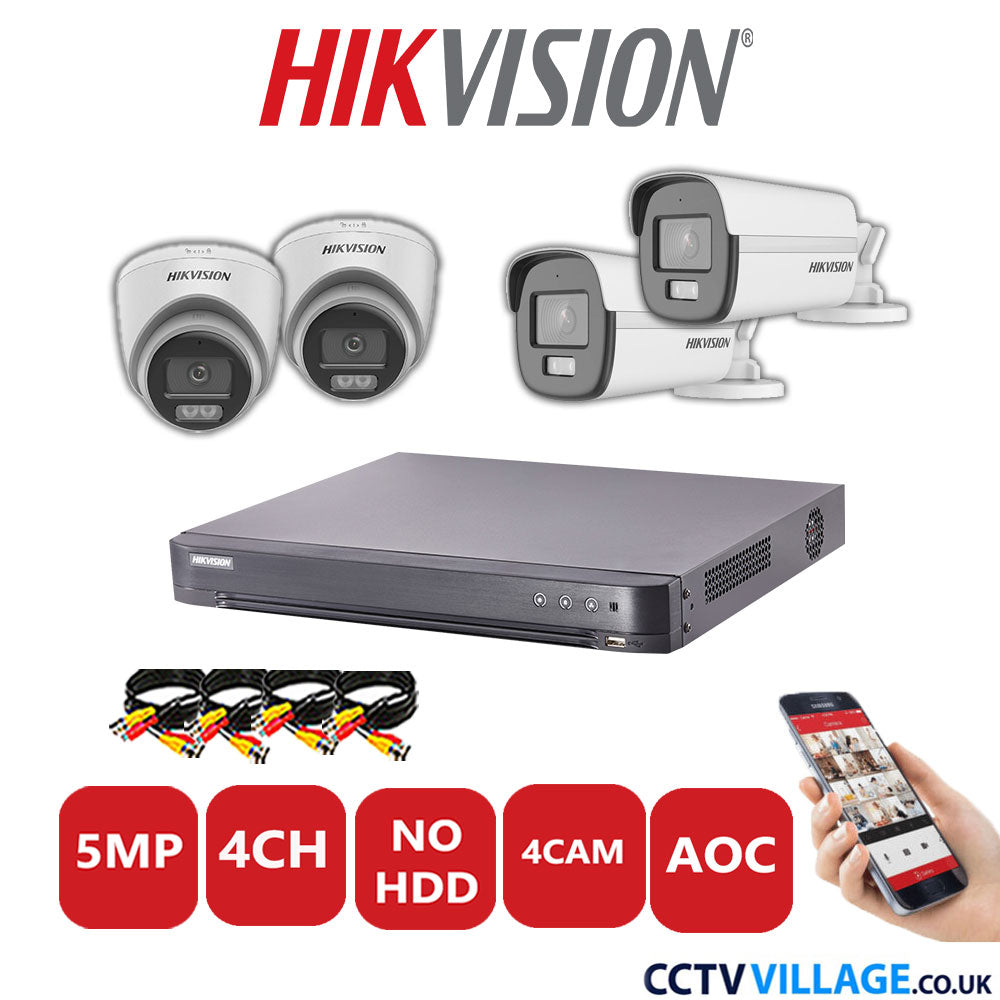 Hikvision 5MP Mix CCTV System 4 Channel DVR-iDS-7204HQHI-K1/2S with 2x Turret Cameras DS.2CE72KF0T-LFS White & 2x Bullet Cameras DS.2CE12KF0T-LFS White No HDD Full Kit