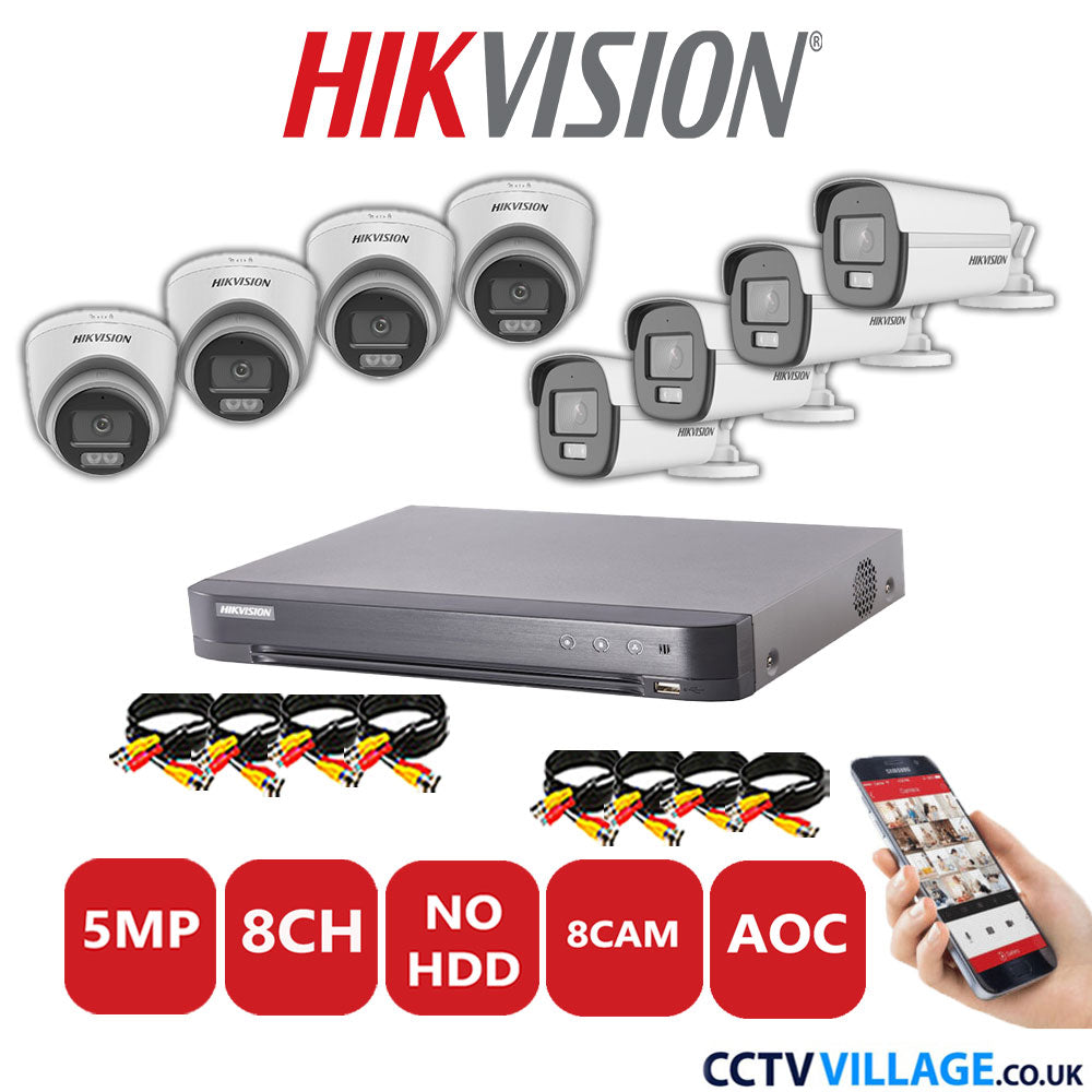 Hikvision 5MP Mix CCTV System 8 Channel DVR-iDS-7208HQHI-K1/4S with 4x Turret Cameras DS.2CE72KFOT-LFS White & 4x Bullet Cameras DS.2CE12KF0T-LFS White No HDD Full Kit