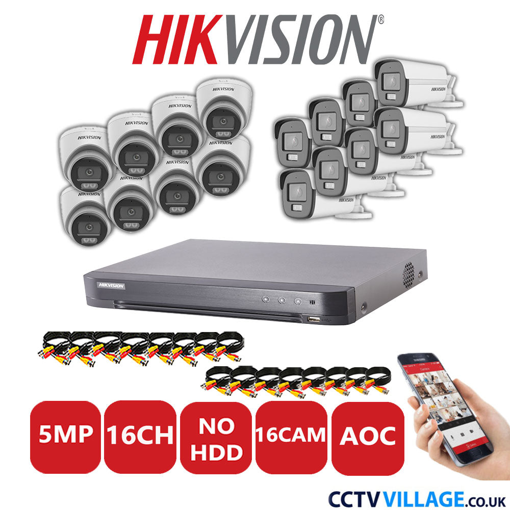 Hikvision 5MP Mix CCTV System 16 Channel DVR-iDS-7216HQHI-K1/4S with 8x Turret Cameras DS.2CE72KFOT-LFS White & 8x Bullet Cameras DS.2CE12KF0T-LFS White No HDD Full Kit