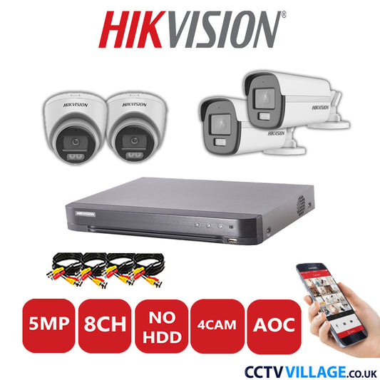 Hikvision 5MP Mix CCTV System 8 Channel DVR-iDS-7208HQHI-K1/4S with 2x Turret Cameras DS.2CE72KFOT-LFS White & 2x Bullet Cameras DS.2CE12KF0T-LFS White No HDD Full Kit