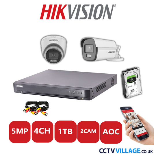 Hikvision 5MP Mix CCTV System 4 Channel DVR-iDS-7204HQHI-K1/2S with 1x Turret Camera DS.2CE72KF0T-LFS White & 1x Bullet Camera DS.2CE12KF0T-LFS White 1TB HDD Full Kit