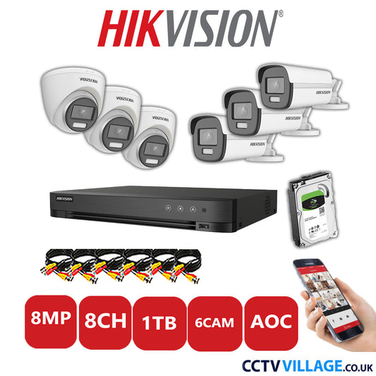 Hikvision 8MP Mix CCTV System 8 Channel DVR-iDS-7208HUHI-M1/S with 3x Turret Cameras DS.2CE72UF3T-E White & 3x Bullet Cameras DS.2CE12UF3T-E White 1TB HDD Full Kit