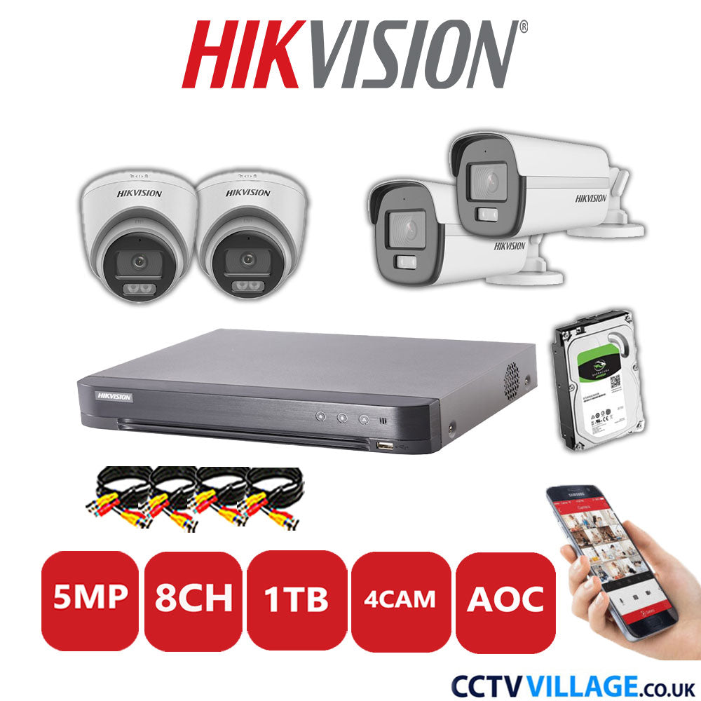 Hikvision 5MP Mix CCTV System 8 Channel DVR-iDS-7208HQHI-K1/4S with 2x Turret Cameras DS.2CE72KFOT-LFS White & 2x Bullet Cameras DS.2CE12KF0T-LFS White 1TB HDD Full Kit