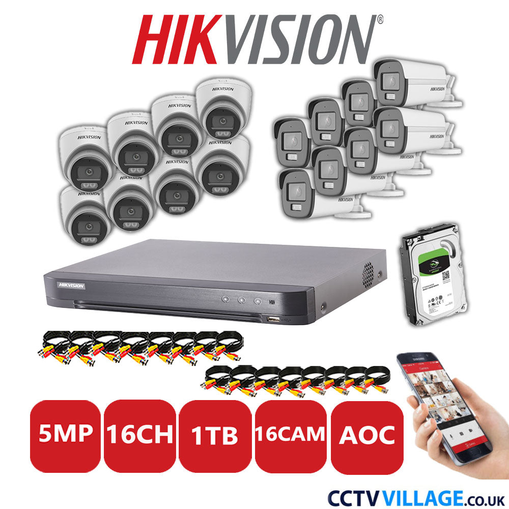 Hikvision 5MP Mix CCTV System 16 Channel DVR-iDS-7216HQHI-K1/4S with 8x Turret Cameras DS.2CE72KFOT-LFS White & 8x Bullet Cameras DS.2CE12KF0T-LFS White 1TB HDD Full Kit