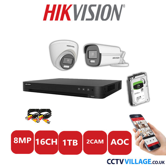 Hikvision 8MP Mix CCTV System 16 Channel DVR-iDS-7216HUHI-M2/S with 1x Turret Camera DS.2CE72UF3T-E White & 1x Bullet Camera DS.2CE12UF3T-E White 1TB HDD Full Kit