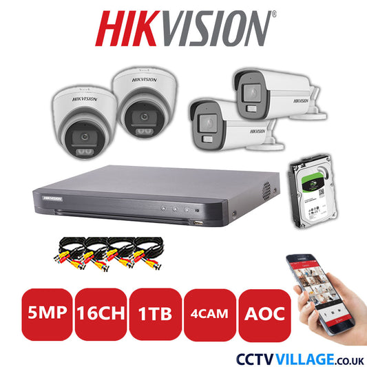 Hikvision 5MP Mix CCTV System 16 Channel DVR-iDS-7216HQHI-K1/4S with 2x Turret Cameras DS.2CE72KFOT-LFS White & 2x Bullet Cameras DS.2CE12KF0T-LFS White 1TB HDD Full Kit