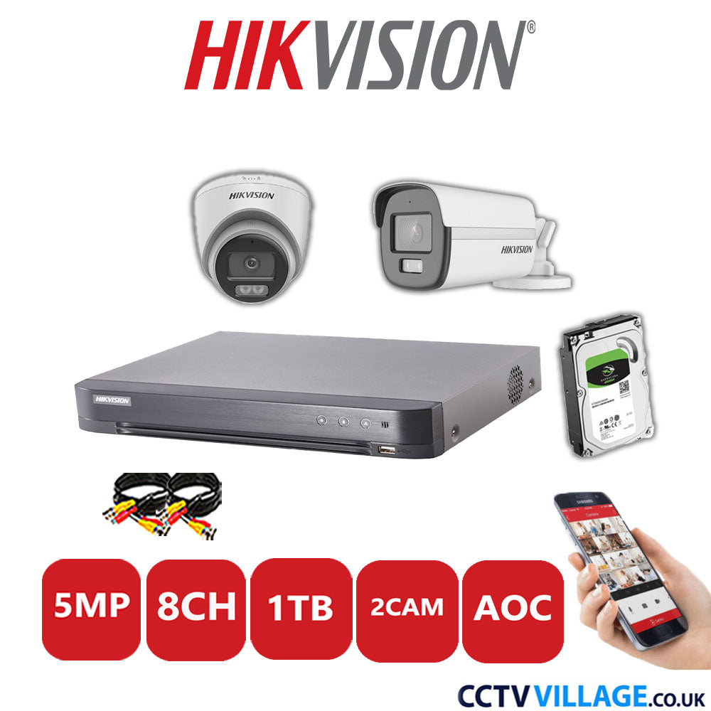 Hikvision 5MP Mix CCTV System 8 Channel DVR-iDS-7208HQHI-K1/4S with 1x Turret Camera DS.2CE72KFOT-LFS White & 1x Bullet Camera DS.2CE12KF0T-LFS White 1TB HDD Full Kit