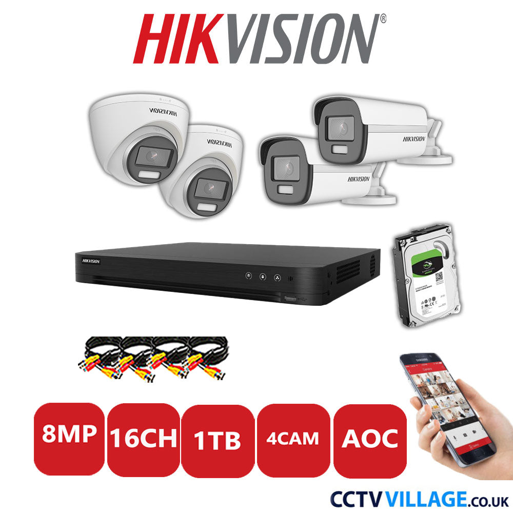 Hikvision 8MP Mix CCTV System 16 Channel DVR-iDS-7216HUHI-M2/S with 2x Turret Cameras DS.2CE72UF3T-E White & 2x Bullet Cameras DS.2CE12UF3T-E White 1TB HDD Full Kit