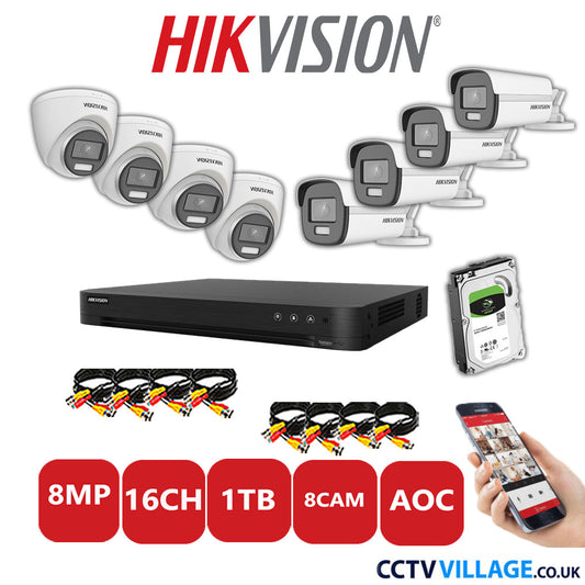 Hikvision 8MP Mix CCTV System 16 Channel DVR-iDS-7216HUHI-M2/S with 4x Turret Cameras DS.2CE72UF3T-E White & 4x Bullet Cameras DS.2CE12UF3T-E White 1TB HDD Full Kit