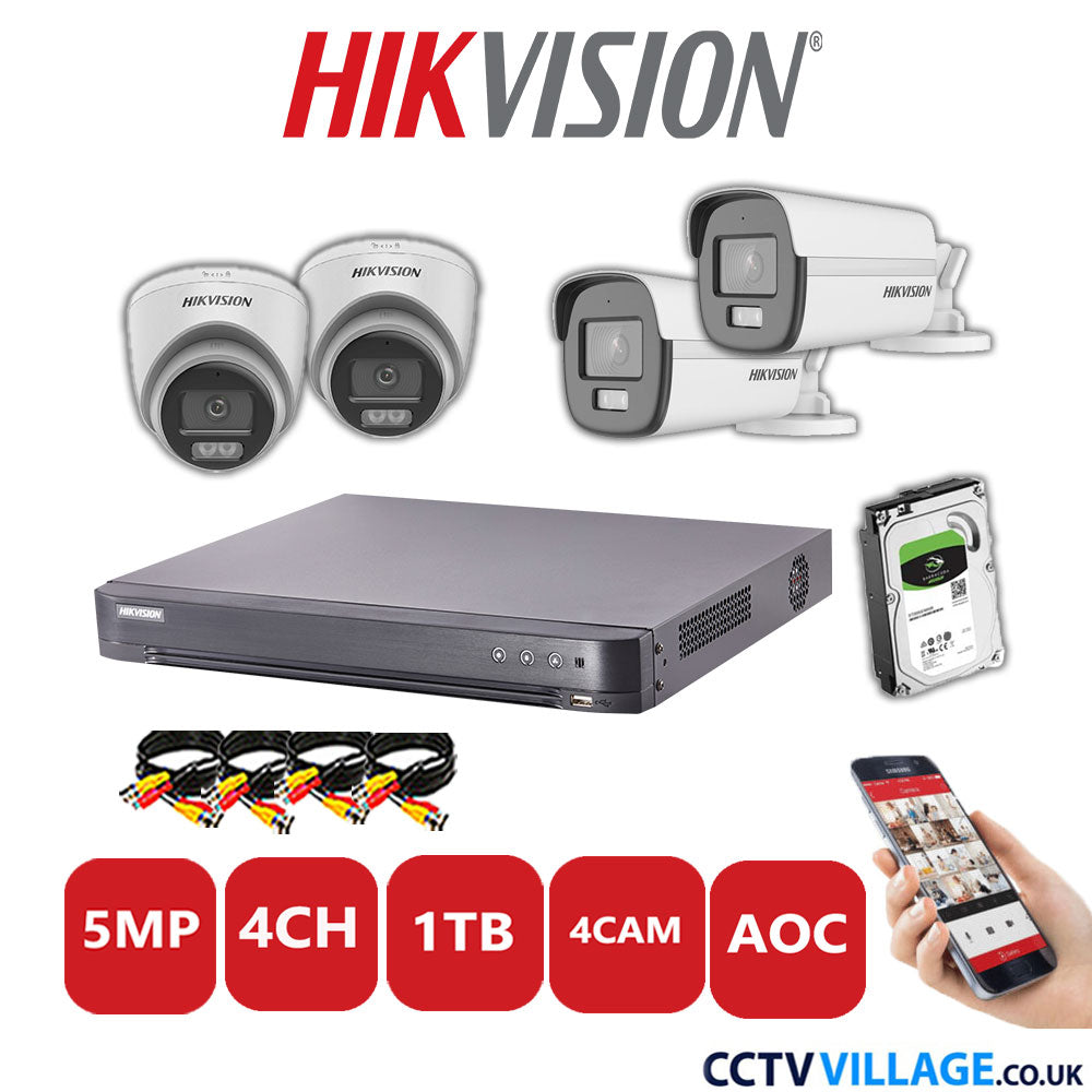 Hikvision 5MP Mix CCTV System 4 Channel DVR-iDS-7204HQHI-K1/2S with 2x Turret Cameras DS.2CE72KF0T-LFS White & 2x Bullet Cameras DS.2CE12KF0T-LFS White 1TB HDD Full Kit