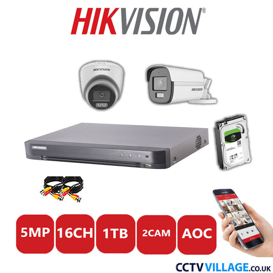 Hikvision 5MP Mix CCTV System 16 Channel DVR-iDS-7216HQHI-K1/4S with 1x Turret Camera DS.2CE72KFOT-LFS White & 1x Bullet Camera DS.2CE12KF0T-LFS White 1TB HDD Full Kit