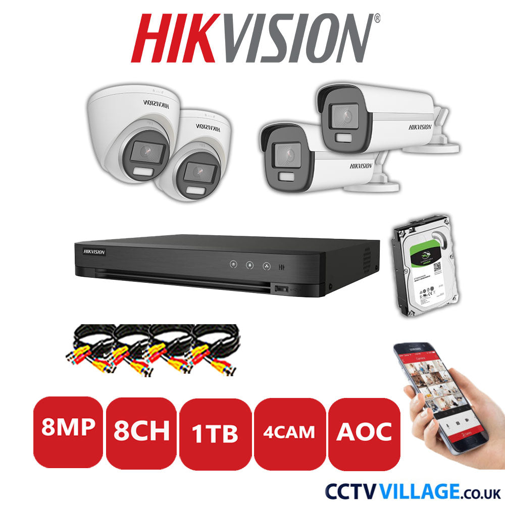 Hikvision 8MP Mix CCTV System 8 Channel DVR-iDS-7208HUHI-M1/S with 2x Turret Cameras DS.2CE72UF3T-E White & 2x Bullet Cameras DS.2CE12UF3T-E White 1TB HDD Full Kit