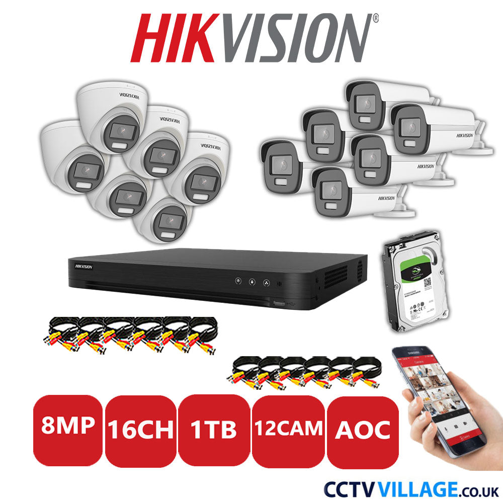 Hikvision 8MP Mix CCTV System 16 Channel DVR-iDS-7216HUHI-M2/S with 6x Turret Cameras DS.2CE72UF3T-E White & 6x Bullet Cameras DS.2CE12UF3T-E White 1TB HDD Full Kit