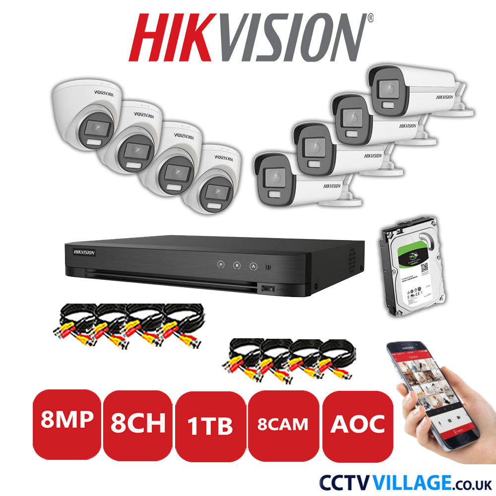 Hikvision 8MP Mix CCTV System 8 Channel DVR-iDS-7208HUHI-M1/S with 4x Turret Cameras DS.2CE72UF3T-E White & 4x Bullet Cameras DS.2CE12UF3T-E White 1TB HDD Full Kit