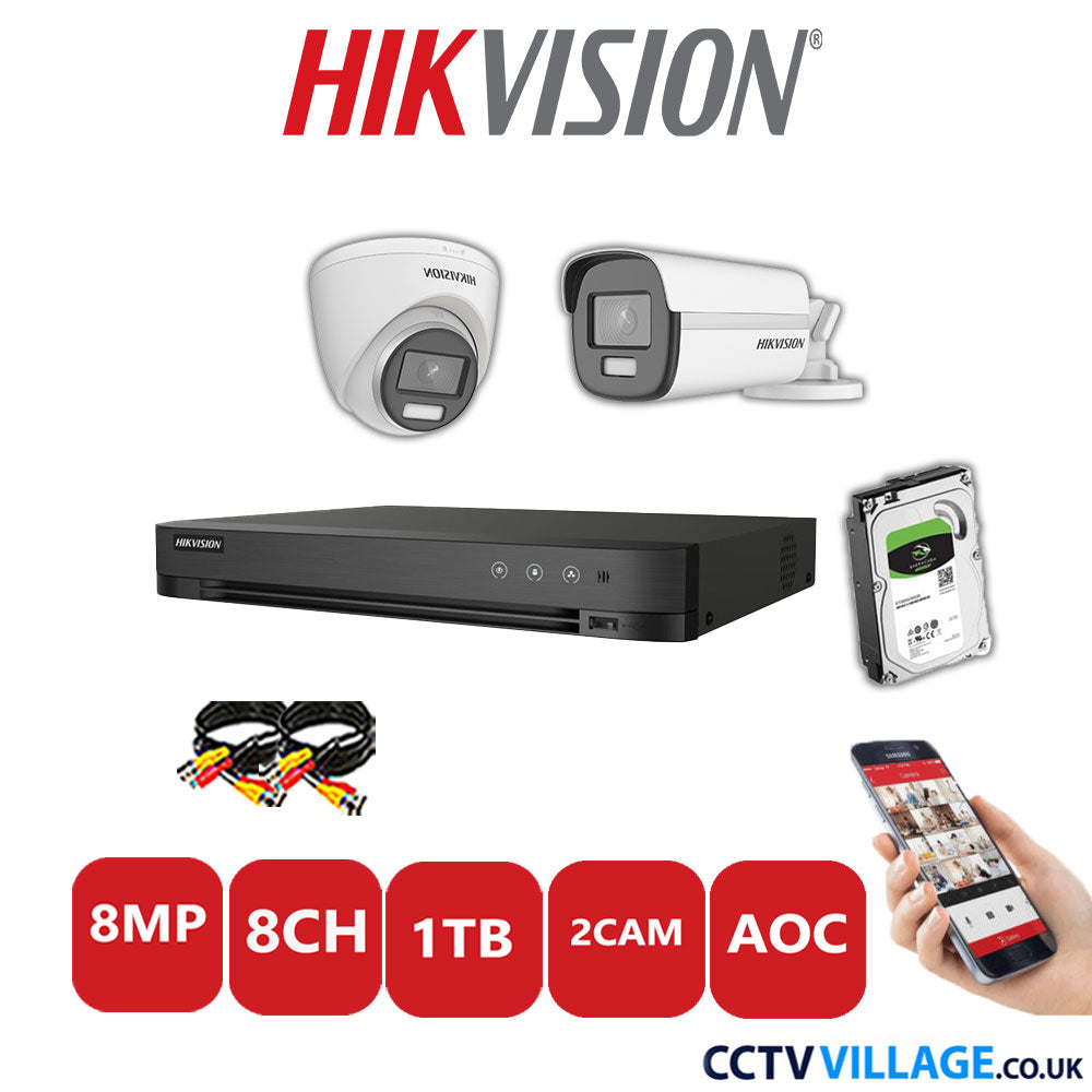 Hikvision 8MP Mix CCTV System 8 Channel DVR-iDS-7208HUHI-M1/S with 1x Turret Camera DS.2CE72UF3T-E White & 1x Bullet Camera DS.2CE12UF3T-E White 1TB HDD Full Kit