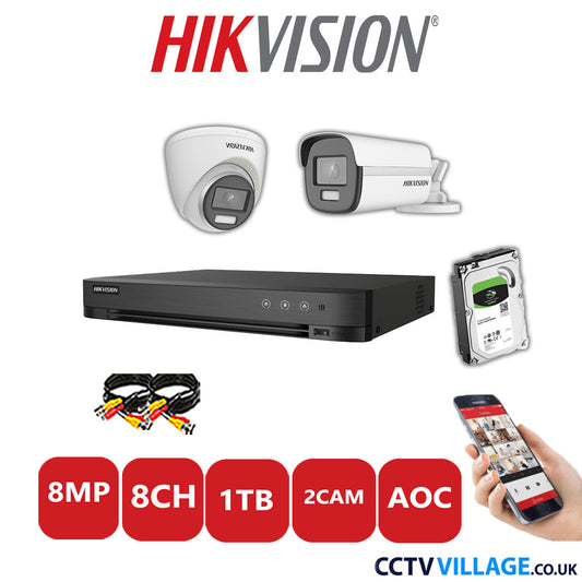 Hikvision 8MP Mix CCTV System 8 Channel DVR-iDS-7208HUHI-M1/S with 1x Turret Camera DS.2CE72UF3T-E White & 1x Bullet Camera DS.2CE12UF3T-E White 1TB HDD Full Kit