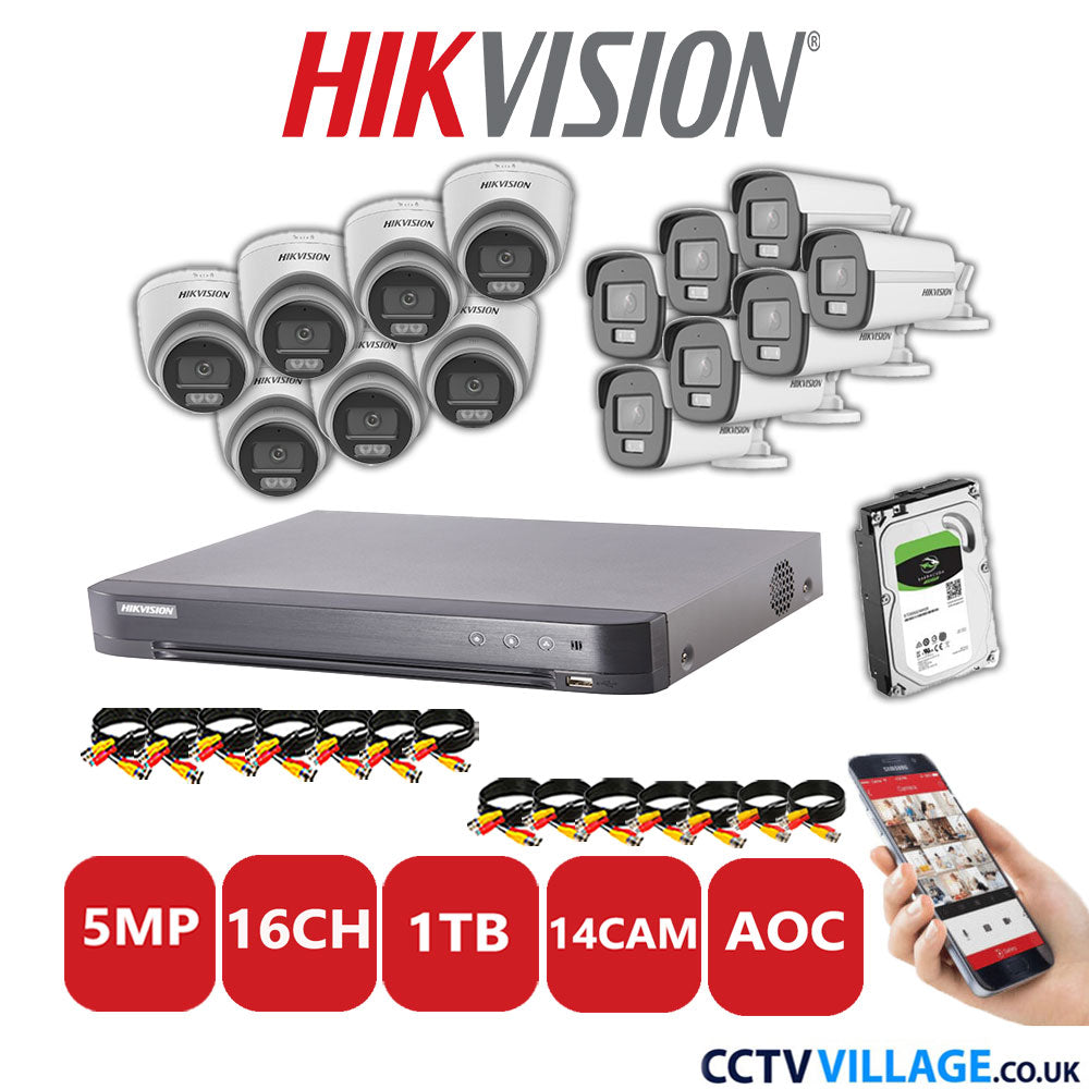 Hikvision 5MP Mix CCTV System 16 Channel DVR-iDS-7216HQHI-K1/4S with 7x Turret Cameras DS.2CE72KFOT-LFS White & 7x Bullet Cameras DS.2CE12KF0T-LFS White 1TB HDD Full Kit