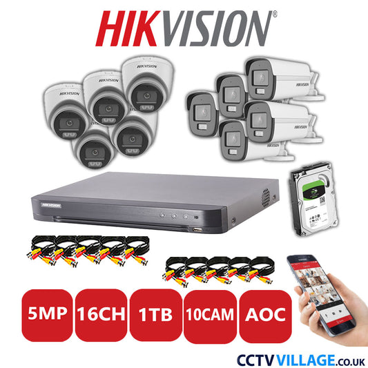 Hikvision 5MP Mix CCTV System 16 Channel DVR-iDS-7216HQHI-K1/4S with 5x Turret Cameras DS.2CE72KFOT-LFS White & 5x Bullet Cameras DS.2CE12KF0T-LFS White 1TB HDD Full Kit