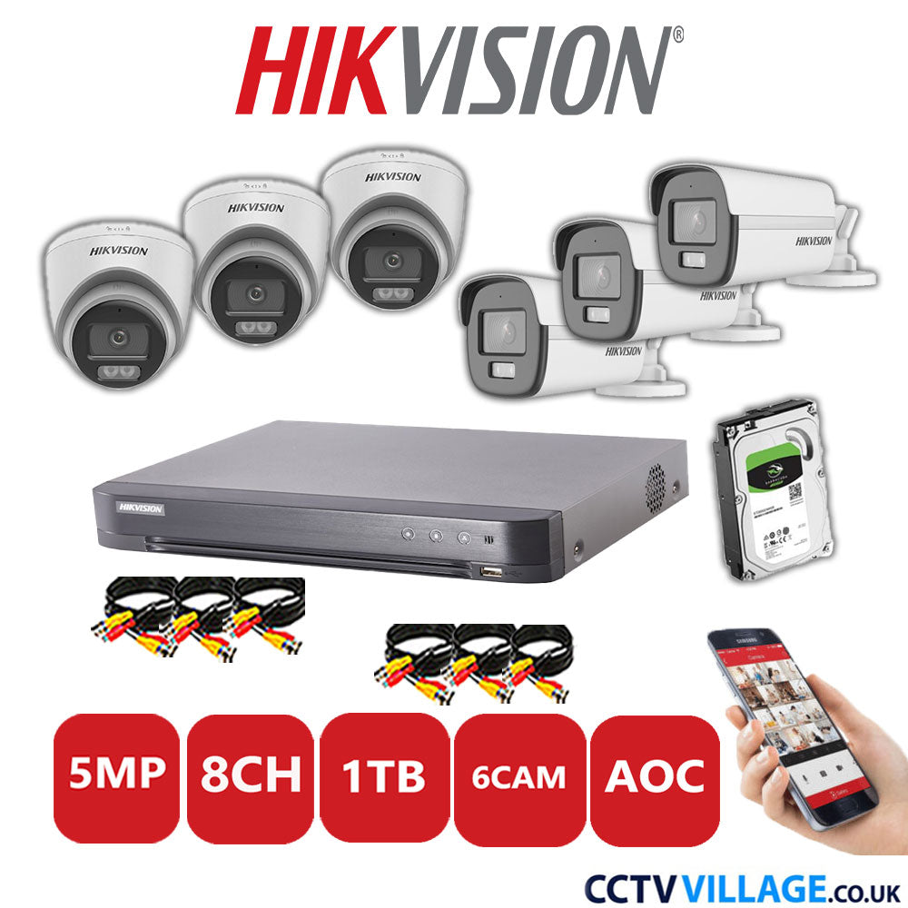 Hikvision 5MP Mix CCTV System 8 Channel DVR-iDS-7208HQHI-K1/4S with 3x Turret Cameras DS.2CE72KFOT-LFS White & 3x Bullet Cameras DS.2CE12KF0T-LFS White 1TB HDD Full Kit