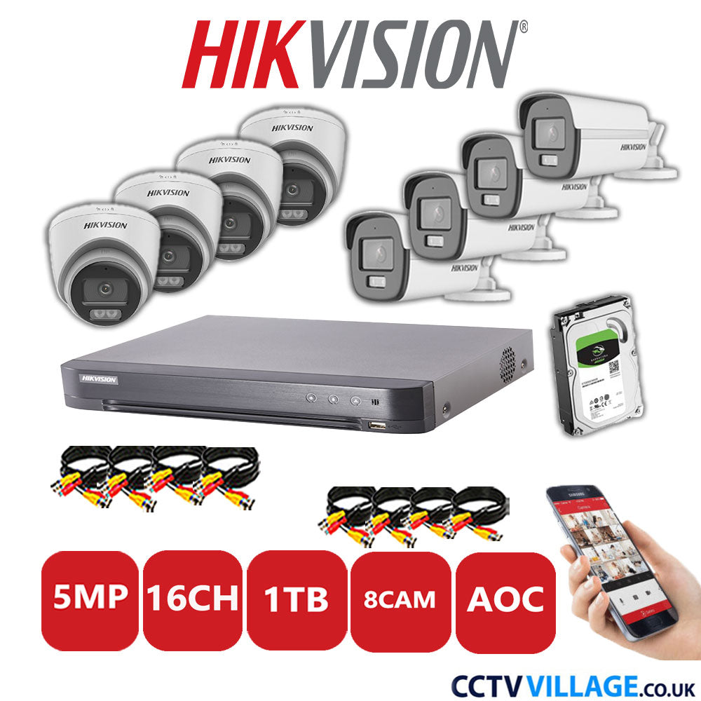 Hikvision 5MP Mix CCTV System 16 Channel DVR-iDS-7216HQHI-K1/4S with 4x Turret Cameras DS.2CE72KFOT-LFS White & 4x Bullet Cameras DS.2CE12KF0T-LFS White 1TB HDD Full Kit