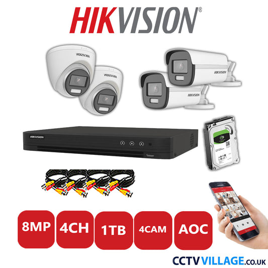 Hikvision 8MP Mix CCTV System 4 Channel DVR-iDS-7204HUHI-M1/S with 2x Turret Cameras DS.2CE72UF3T-E White & 2x Bullet Cameras DS.2CE12UF3T-E White 1TB HDD Full Kit