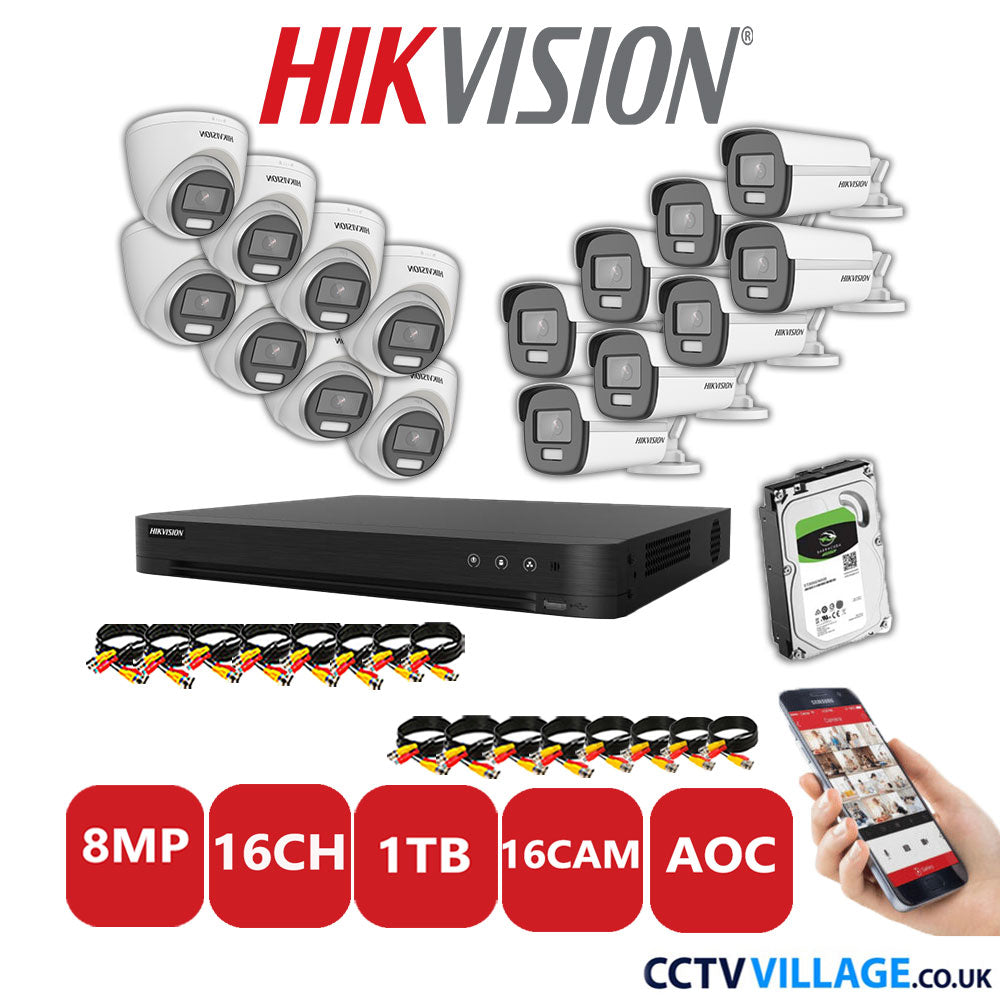 Hikvision 8MP Mix CCTV System 16 Channel DVR-iDS-7216HUHI-M2/S with 8x Turret Cameras DS.2CE72UF3T-E White & 8x Bullet Cameras DS.2CE12UF3T-E White 1TB HDD Full Kit